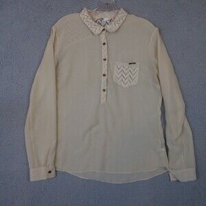 VOLCOM Blouse Women's Large Ivory Lace Long Sleeve Button Down Shirt Sheer